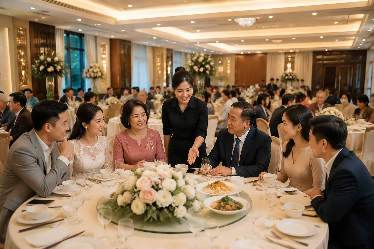 Không gian tiệc cưới tại nhà hàng ở Việt Nam với bàn tiệc được chuẩn bị hài hòa, cô dâu chú rể cùng gia đình trao đổi lựa chọn món ăn trong không khí ấm cúng