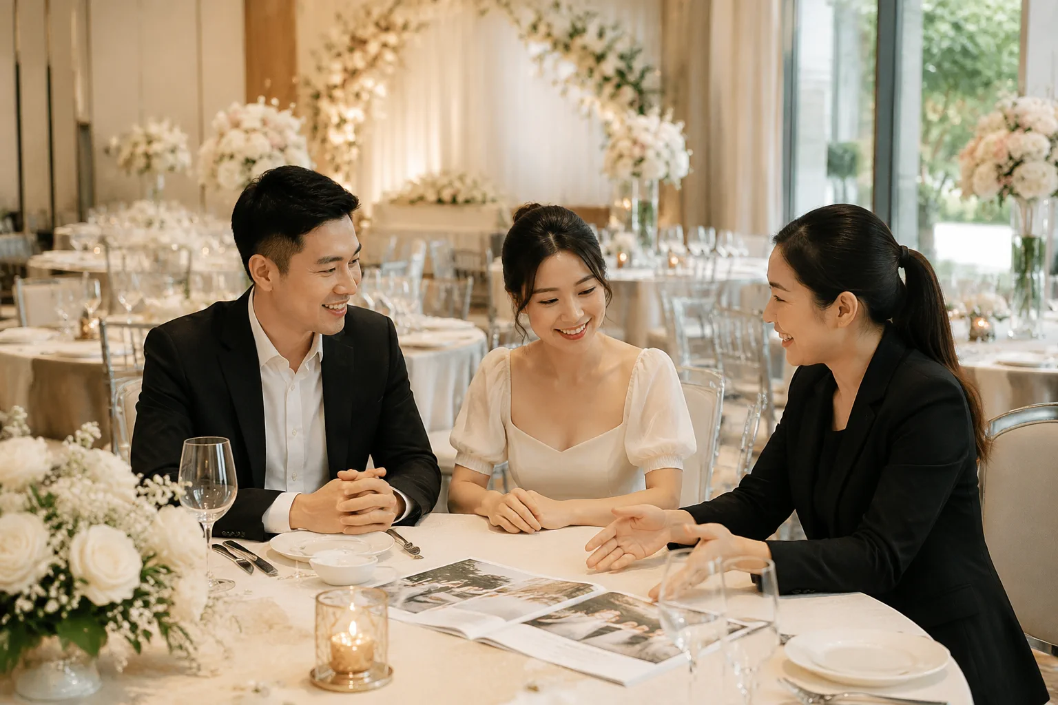 Cô dâu chú rể Việt Nam trao đổi kế hoạch tổ chức tiệc cưới với nhân viên nhà hàng trong không gian sảnh tiệc sang trọng