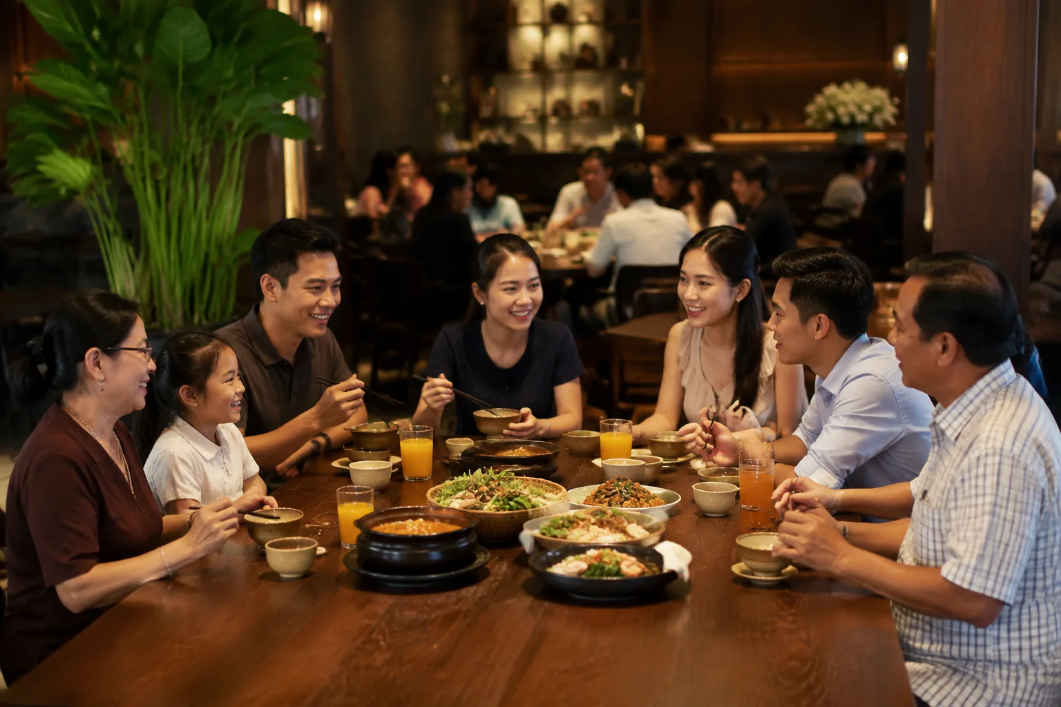 Không gian nhà hàng tại Gia Nghĩa với gia đình và nhóm bạn đang dùng bữa trong bối cảnh ấm cúng, thể hiện việc lựa chọn địa điểm ăn uống phù hợp.