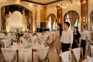 Không gian sảnh tiệc cưới tại nhà hàng ở Gia Nghĩa với bàn tiệc được sắp xếp trang nhã, cô dâu chú rể và gia đình đang tham quan để đánh giá địa điểm trước khi đặt tiệc