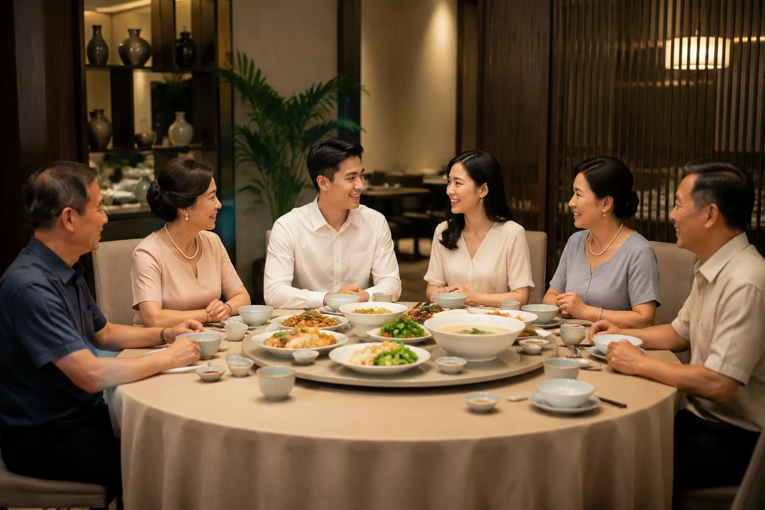 Cặp đôi người Việt cùng cha mẹ hai bên ngồi thưởng thức bữa ăn trong không gian nhà hàng ấm cúng, tập trung trò chuyện và kết nối trước ngày cưới, thể hiện sự thoải mái của buổi gặ