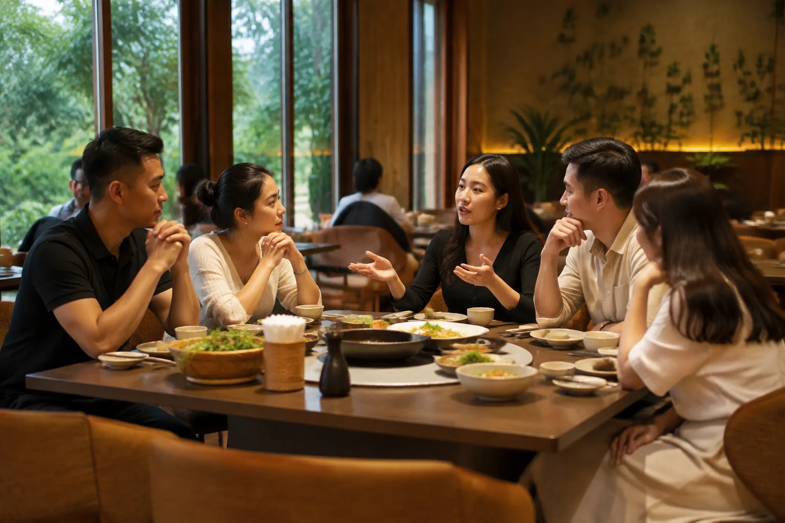 Nhóm bạn và gia đình nhỏ đang chuẩn bị cho buổi ăn chung tại nhà hàng ở Gia Nghĩa với không khí thoải mái trước giờ dùng bữa