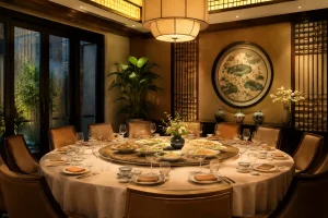 Không gian bàn tiệc nhà hàng Việt Nam được sắp xếp cho buổi tiếp khách quan trọng với nhiều người cùng dùng bữa