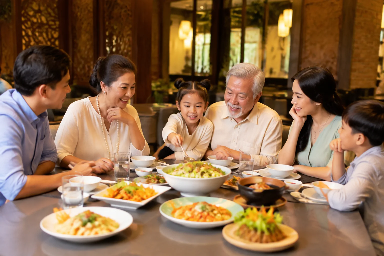 Gia đình Việt Nam nhiều thế hệ đang cùng trao đổi và lựa chọn cách chia sẻ món ăn trên bàn nhà hàng, với các thành viên quan sát những đĩa thức ăn được sắp xếp hài hòa trước khi bắ