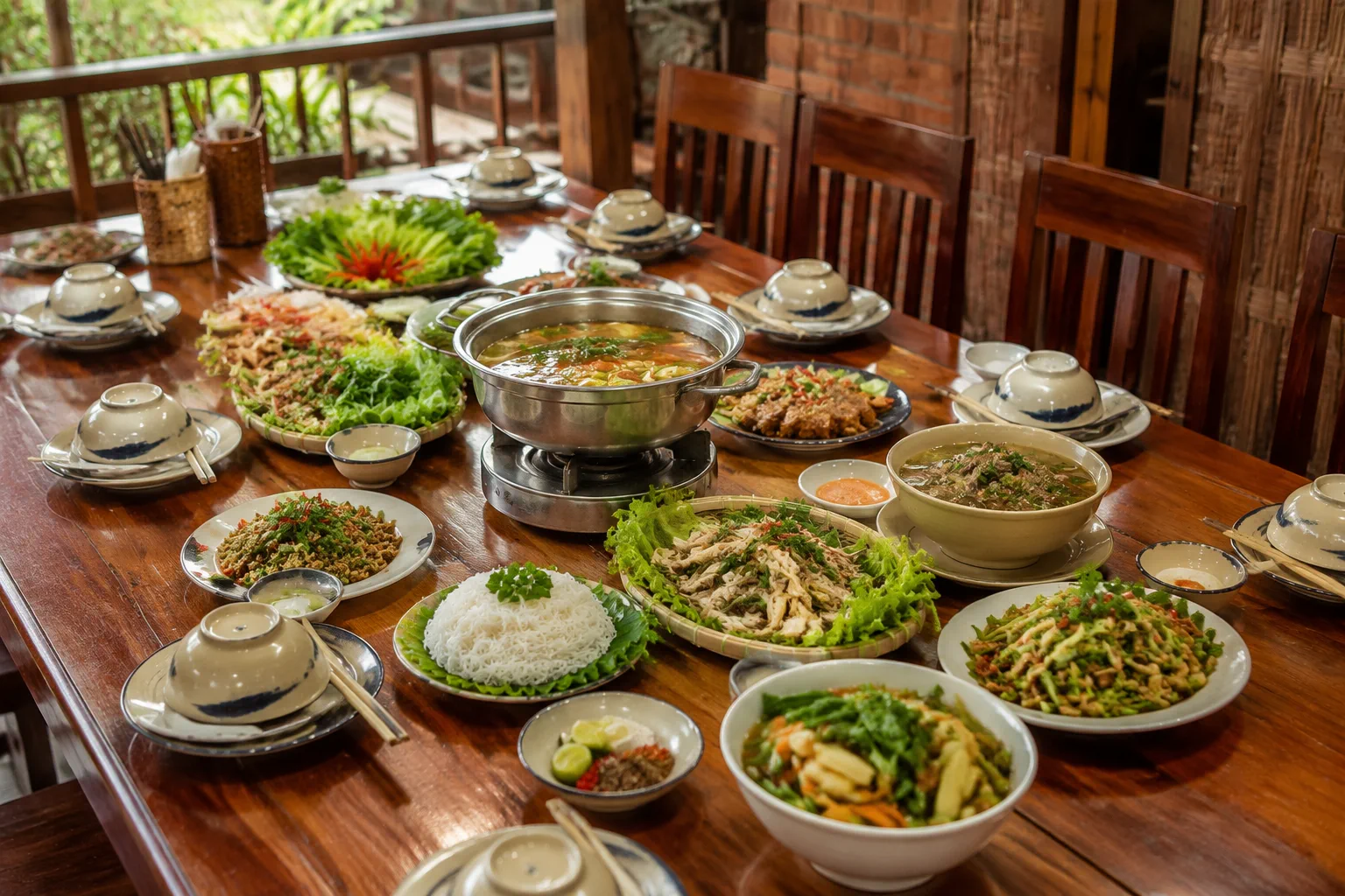 Bàn ăn nhà hàng Việt Nam tại Gia Nghĩa được sắp xếp với nhiều món ăn dùng chung như món chính, món lẩu và các món chia sẻ, thể hiện cách cân bằng thực đơn cho đoàn khách du lịch tr