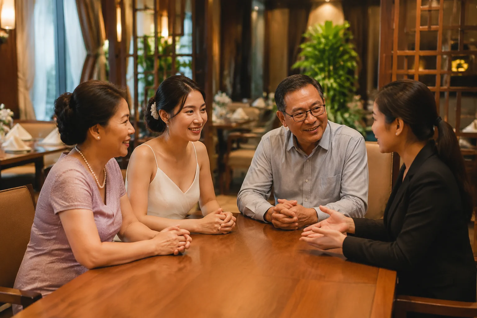 Cô dâu Việt Nam cùng người thân trao đổi kế hoạch chuẩn bị tiệc cưới trong không gian tư vấn riêng của nhà hàng, thể hiện giai đoạn lập kế hoạch và sắp xếp các nhóm nhu cầu trước n