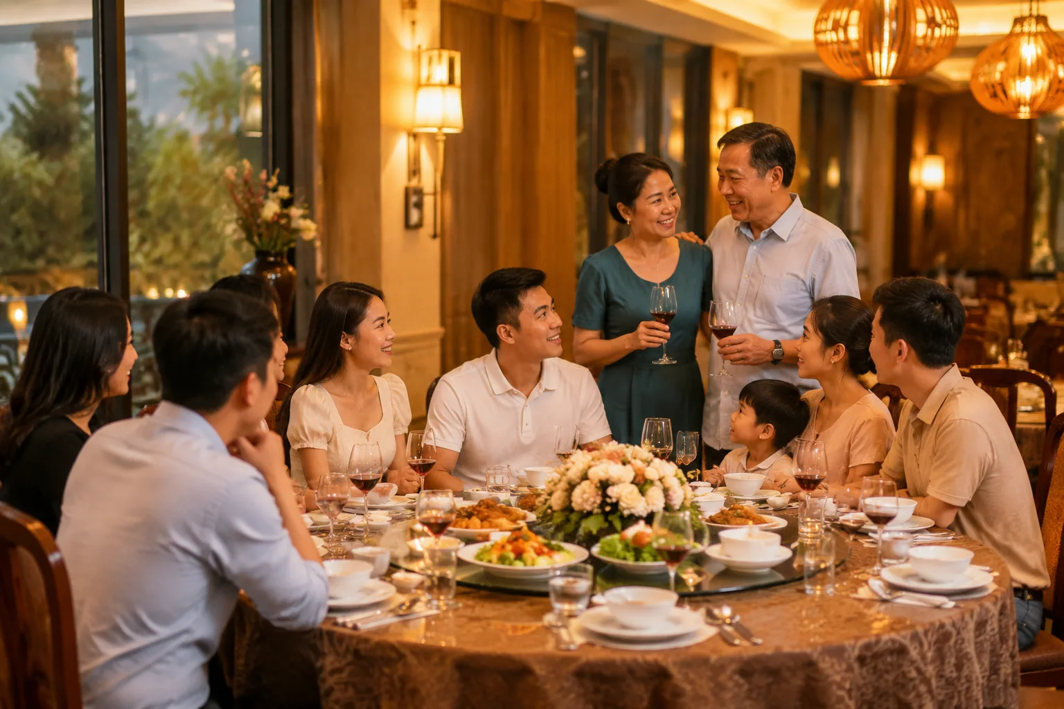 Không gian nhà hàng tại Gia Nghĩa với bàn tiệc lễ kỷ niệm được chuẩn bị trang nhã, nhóm khách Việt Nam đang trò chuyện vui vẻ trong bữa ăn, thể hiện không khí gặp gỡ và gắn kết.