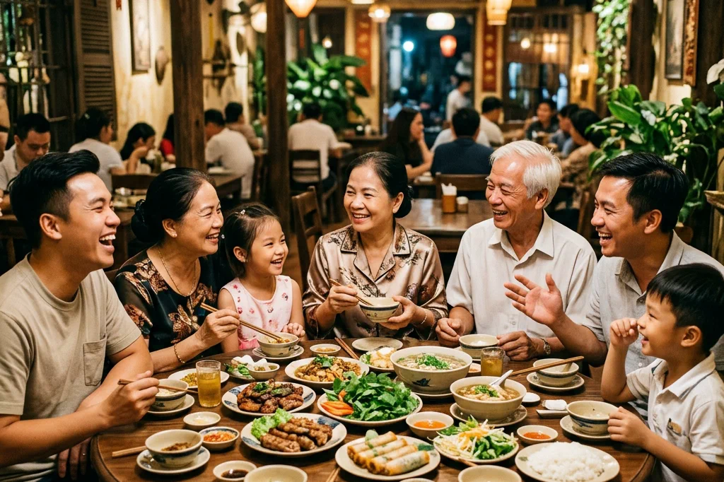 Không gian bàn ăn ấm cúng tại nhà hàng Việt Nam với nhóm gia đình nhiều thế hệ cùng thưởng thức bữa ăn và trò chuyện