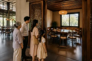 Gia đình nhiều thế hệ tại nhà hàng Việt Nam đang quan sát không gian phòng ăn riêng trước khi quyết định chọn bàn, thể hiện việc cân nhắc mức độ riêng tư cho buổi gặp mặt
