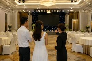 Cô dâu chú rể Việt Nam cùng chuyên viên nhà hàng quan sát tổng thể không gian sảnh cưới trước khi trang trí, tập trung vào việc đánh giá sự phù hợp giữa bố cục thực tế và ý tưởng t