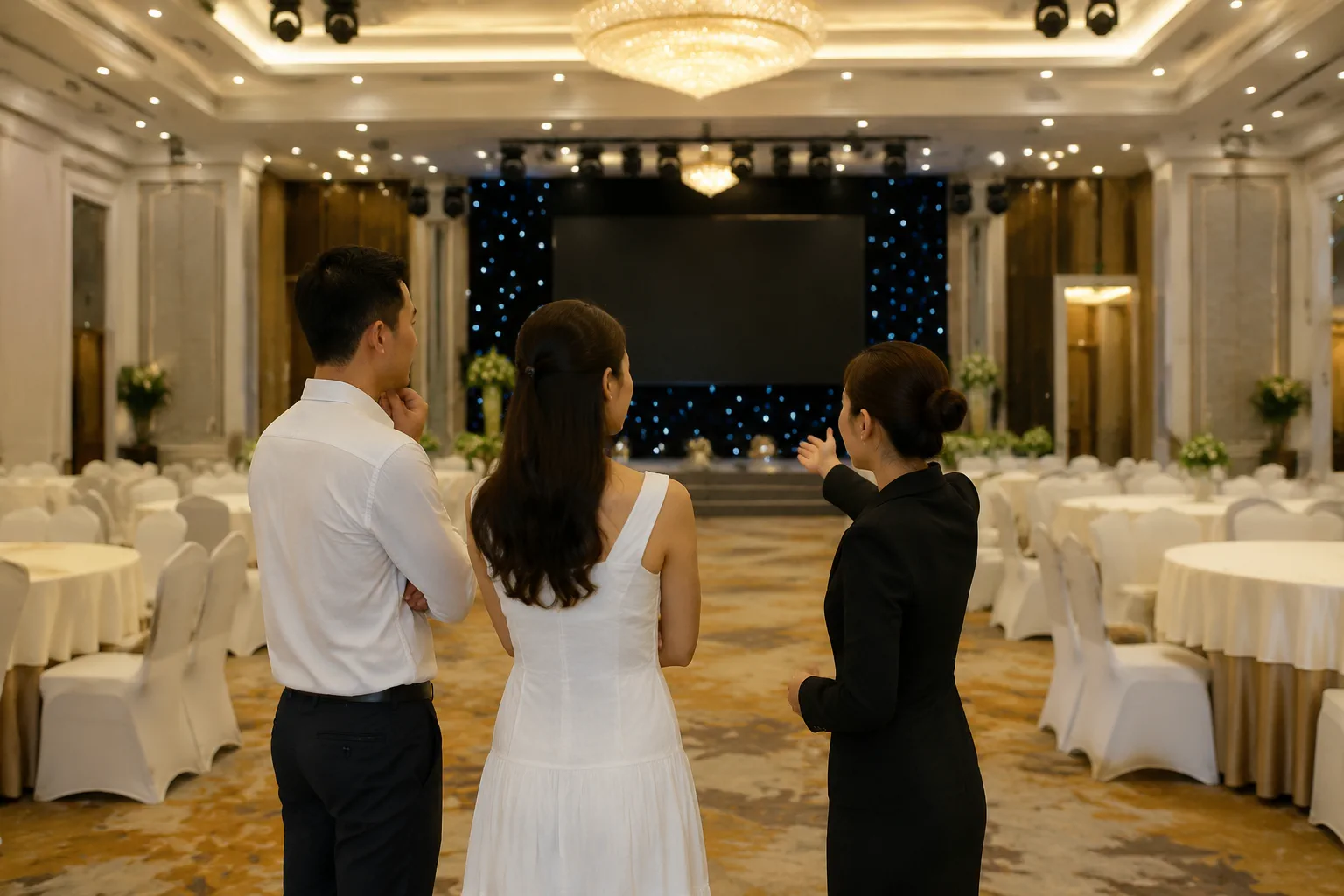 Cô dâu chú rể Việt Nam cùng chuyên viên nhà hàng quan sát tổng thể không gian sảnh cưới trước khi trang trí, tập trung vào việc đánh giá sự phù hợp giữa bố cục thực tế và ý tưởng t
