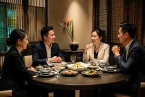 Nhóm doanh nhân Việt Nam đang dùng bữa và trao đổi công việc trong không gian phòng riêng sang trọng của nhà hàng, thể hiện sự chuyên nghiệp và tinh tế khi tiếp khách đối tác.
