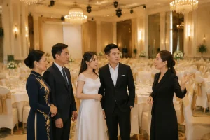 Cô dâu chú rể Việt Nam cùng người thân trao đổi với đại diện nhà hàng trong khu vực sảnh tiệc, mọi người cùng xem xét cách sắp xếp không gian và thảo luận kế hoạch chuẩn bị trước n