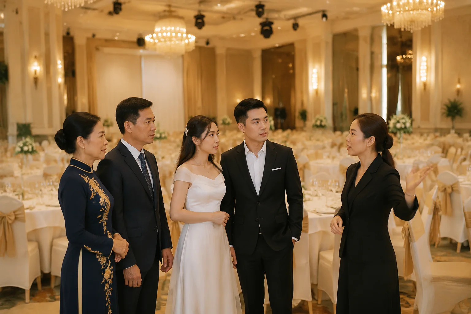 Cô dâu chú rể Việt Nam cùng người thân trao đổi với đại diện nhà hàng trong khu vực sảnh tiệc, mọi người cùng xem xét cách sắp xếp không gian và thảo luận kế hoạch chuẩn bị trước n