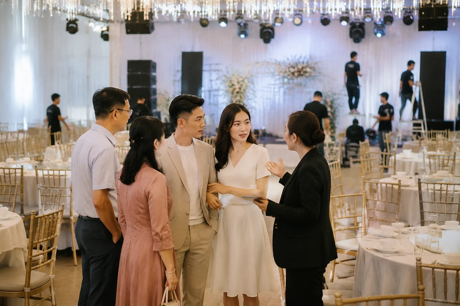 Cô dâu chú rể Việt Nam cùng người thân quan sát khu vực chuẩn bị tiệc cưới với một điều phối viên nhà hàng, thể hiện việc gom nhiều hạng mục tổ chức về một đầu mối trong quá trình