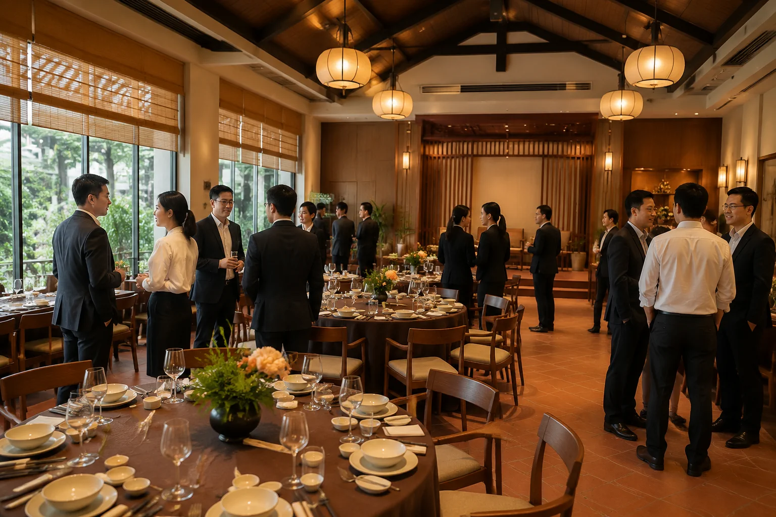Không gian nhà hàng tại Việt Nam được bố trí cho một buổi hội nghị doanh nghiệp với bàn ghế trang trọng, khu vực trình bày và khách tham dự đang trao đổi