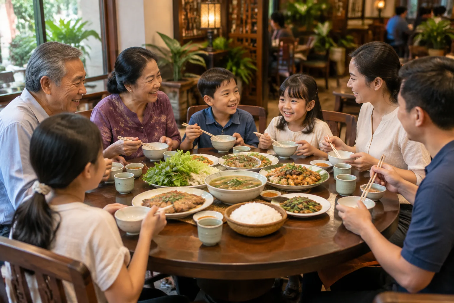Gia đình Việt Nam nhiều thế hệ đang cùng thưởng thức bữa ăn cuối tuần tại nhà hàng, các thành viên trò chuyện vui vẻ quanh bàn ăn với người lớn tuổi, người trưởng thành và trẻ nhỏ