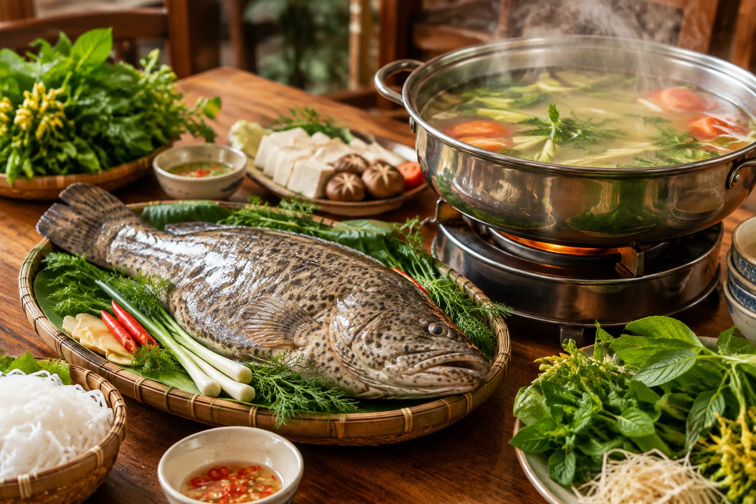 Cá song tươi được chế biến theo phong cách lẩu thuyền chài trong nồi nước dùng thanh nhẹ tại nhà hàng Việt Nam, thể hiện nguyên liệu hải sản và trải nghiệm thưởng thức món ăn tự nh
