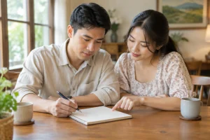 Cô dâu và chú rể Việt Nam ngồi cùng nhau tại bàn, cùng xem qua danh sách khách mời viết tay trên tờ giấy trắng không chữ, thể hiện bước lập kế hoạch trước khi đặt tiệc cưới.
