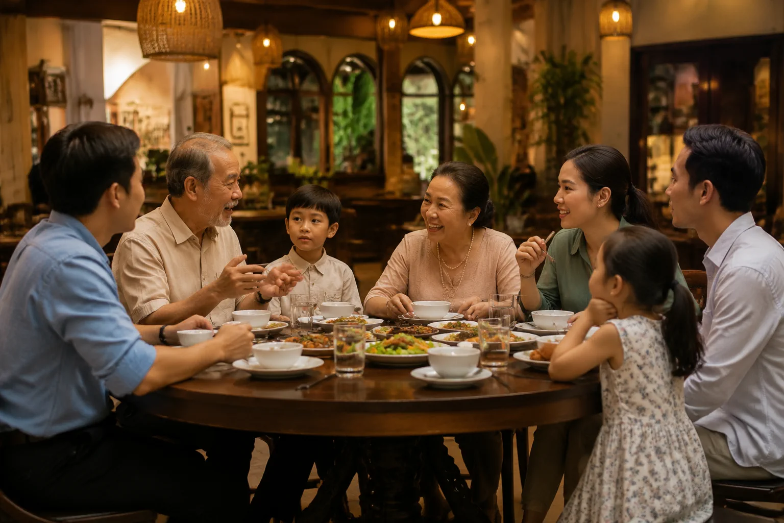 Gia đình nhiều thế hệ Việt Nam đang cùng trao đổi và thưởng thức bữa ăn trong không gian nhà hàng ấm cúng, thể hiện sự đa dạng độ tuổi và nhu cầu lựa chọn thực đơn cho buổi tiệc gi