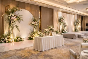 Không gian sảnh tiệc tại nhà hàng Việt Nam đang được hoàn thiện với backdrop chụp hình cao cấp, bàn gallery trang trí hoa tươi và sân khấu có bố cục tinh gọn, thể hiện khả năng set