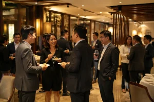 Các doanh nhân Việt Nam đang giao lưu và dùng tiệc nhẹ trong không gian sự kiện rộng rãi của nhà hàng, thể hiện sự kết hợp hoàn hảo giữa không gian gặp gỡ chuyên nghiệp và dịch vụ