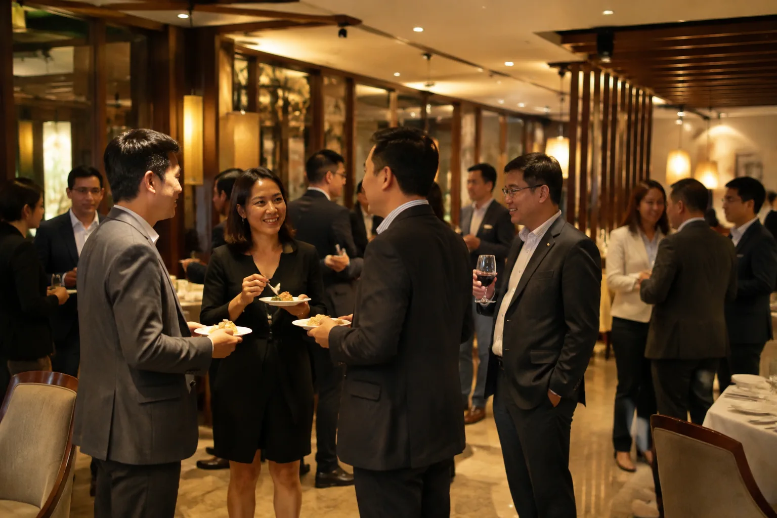 Các doanh nhân Việt Nam đang giao lưu và dùng tiệc nhẹ trong không gian sự kiện rộng rãi của nhà hàng, thể hiện sự kết hợp hoàn hảo giữa không gian gặp gỡ chuyên nghiệp và dịch vụ
