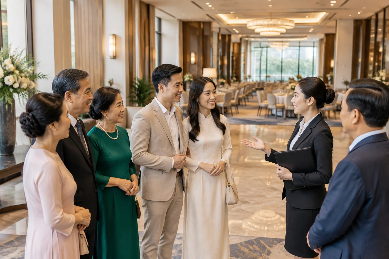 Gia đình Việt Nam đang tham khảo không gian tổ chức tiệc cưới tại nhà hàng, cô dâu chú rể cùng người thân trao đổi với nhân viên ở khu vực sảnh đón khách rộng rãi, thể hiện sự cân