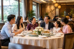 Gia đình Việt Nam nhiều thế hệ cùng trò chuyện trong bữa tiệc kỷ niệm tại nhà hàng, với không gian ấm cúng được sắp xếp trang nhã cho một dịp đặc biệt.