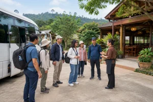 Toàn cảnh nhóm khách du lịch Việt Nam gồm người lớn và trẻ em vừa xuống xe tại một điểm dừng nghỉ ven đường ở Đắk Nông, đang trao đổi với nhân viên nhà hàng về việc sắp xếp bữa ăn