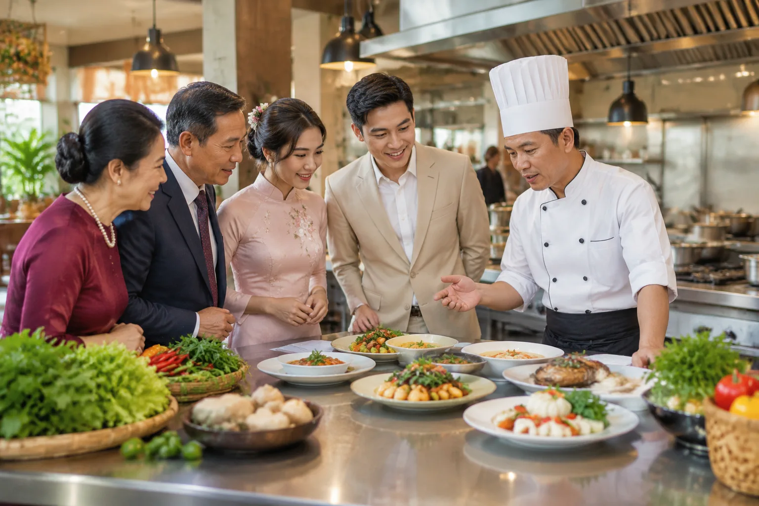 Cặp đôi Việt Nam cùng người thân đang trao đổi ý tưởng thực đơn tiệc cưới với đầu bếp nhà hàng trong khu vực bếp mở hiện đại, mọi người quan sát cách chuẩn bị món ăn và trao đổi tự