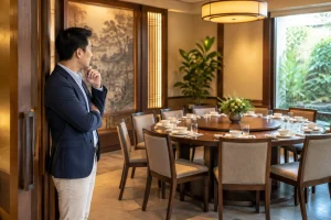 Khách hàng Việt Nam lựa chọn nhà hàng cho buổi tiếp khách kết hợp dùng bữa, quan sát không gian phòng ăn riêng với bàn được sắp xếp trang nhã trước khi quyết định địa điểm.