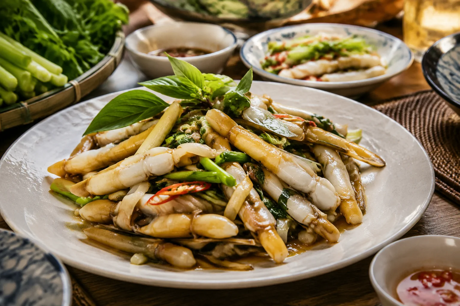 Đĩa ngao 2 vòi xào húng được trình bày nổi bật trên bàn ăn nhà hàng Việt Nam, bên cạnh các món ăn khác trong bữa ăn nhóm, thể hiện lựa chọn món hải sản khi khám phá thực đơn tại Nh
