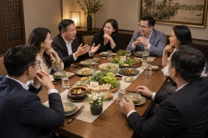 Nhóm nhân viên doanh nghiệp Việt Nam ngồi quanh bàn dài trong phòng ăn riêng tại nhà hàng, trao đổi sôi nổi trong buổi họp mặt nội bộ với không khí chuyên nghiệp nhưng thân thiện.