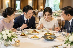 Cô dâu chú rể Việt Nam cùng hai thành viên gia đình thưởng thức và quan sát các món ăn mẫu trong buổi thử món tiệc cưới tại nhà hàng, tập trung vào việc cảm nhận hương vị và cách t