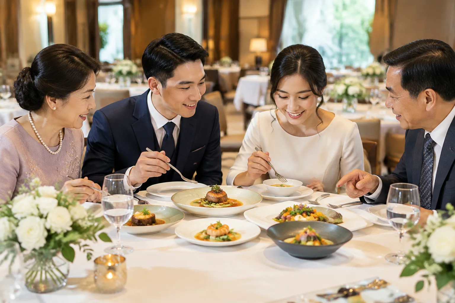 Cô dâu chú rể Việt Nam cùng hai thành viên gia đình thưởng thức và quan sát các món ăn mẫu trong buổi thử món tiệc cưới tại nhà hàng, tập trung vào việc cảm nhận hương vị và cách t
