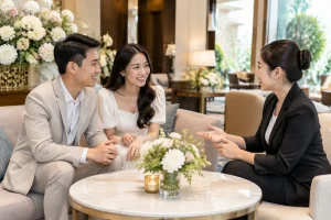 Cặp đôi Việt Nam đang trao đổi kế hoạch tiệc cưới với chuyên viên tư vấn của nhà hàng trong không gian sảnh đón tiếp sang trọng, thể hiện bước chuẩn bị nhu cầu trước khi gửi yêu cầ