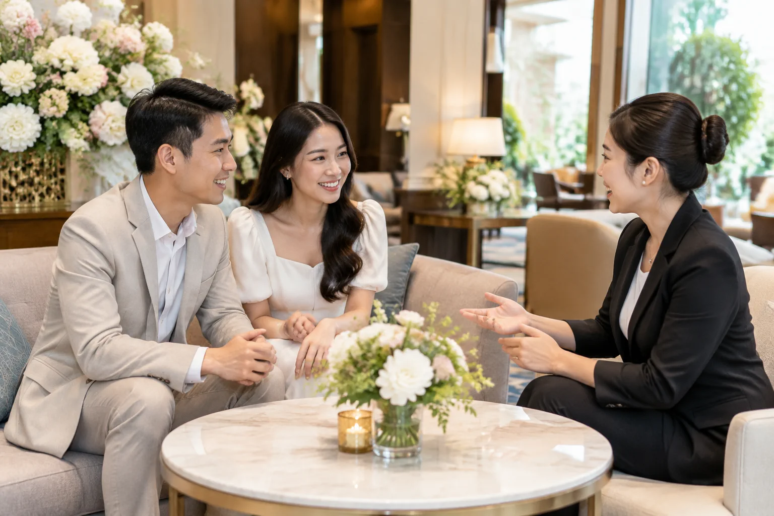 Cặp đôi Việt Nam đang trao đổi kế hoạch tiệc cưới với chuyên viên tư vấn của nhà hàng trong không gian sảnh đón tiếp sang trọng, thể hiện bước chuẩn bị nhu cầu trước khi gửi yêu cầ