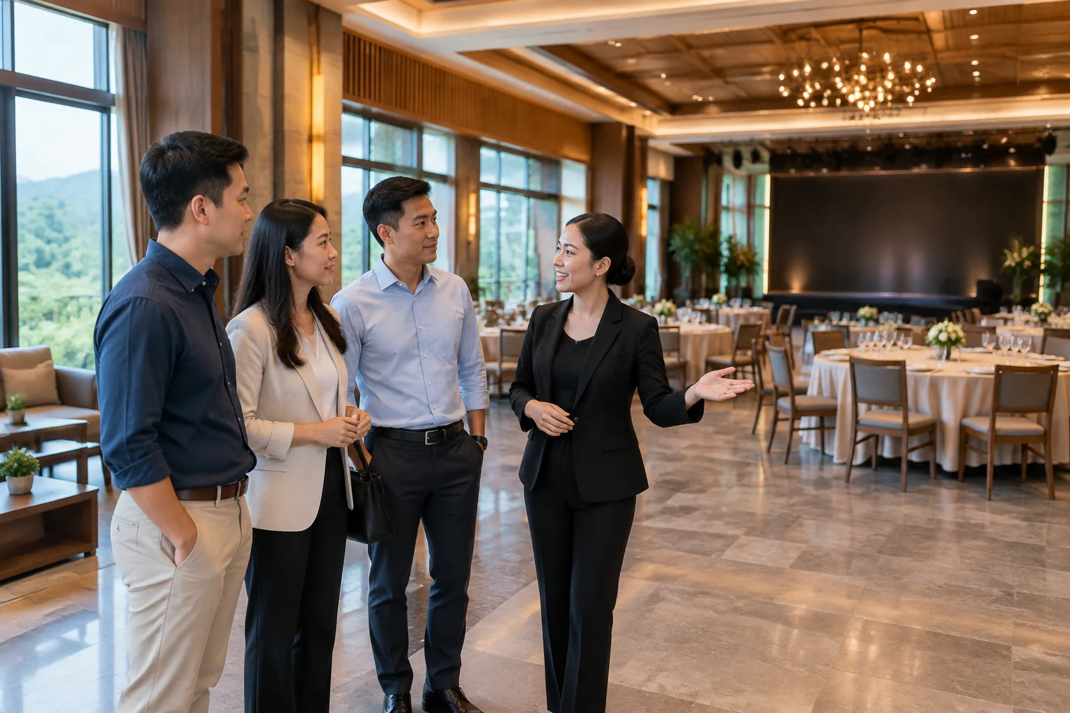 Nhóm đại diện doanh nghiệp Việt Nam đang trao đổi kế hoạch tổ chức tiệc cuối năm với nhân viên nhà hàng trong không gian sảnh hiện đại, mọi người cùng nhìn vào bố cục khu vực tiệc