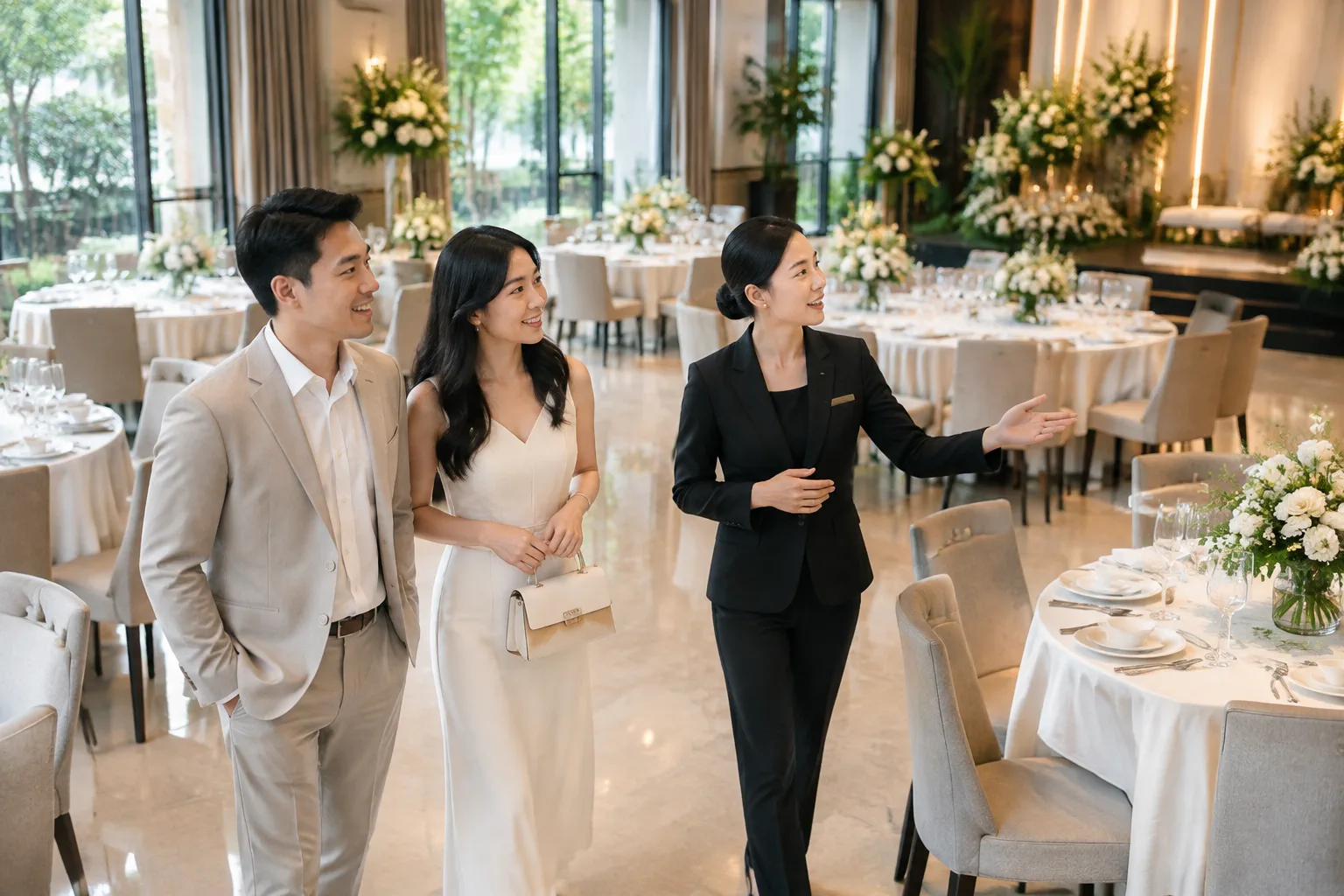 Cặp đôi Việt Nam tham quan không gian tiệc cưới cùng chuyên viên nhà hàng, quan sát cách bố trí khu vực bàn tiệc và lối di chuyển để chuẩn bị cho buổi tư vấn.