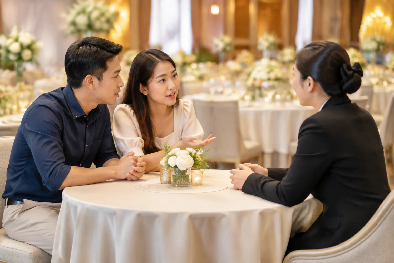 Cặp đôi Việt Nam trẻ ngồi đối diện với chuyên viên tư vấn tiệc cưới tại nhà hàng, cùng lắng nghe và đặt câu hỏi trong buổi khảo sát địa điểm lần đầu, không gian sảnh tiệc mờ phía s