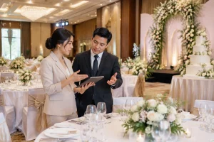 Nhân viên lên kế hoạch tiệc cưới và quản lý nhà hàng đang trao đổi trong sảnh tiệc sang trọng, bàn tiệc tròn được bày biện với khăn trắng, ly pha lê và bánh cưới, không có chữ viết