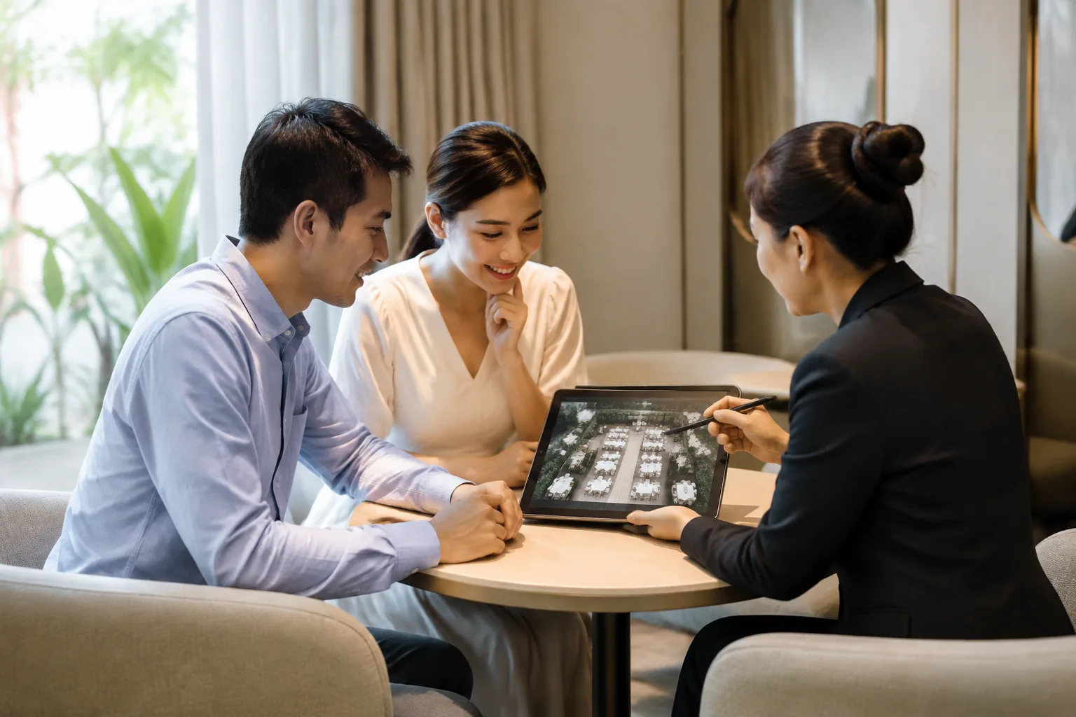 Cặp đôi đang ngồi trò chuyện với quản lý nhà hàng trong không gian tư vấn riêng, bàn có máy tính bảng hiển thị sơ đồ sảnh tiệc, ánh sáng ấm áp, không có chữ viết nào trên màn hình