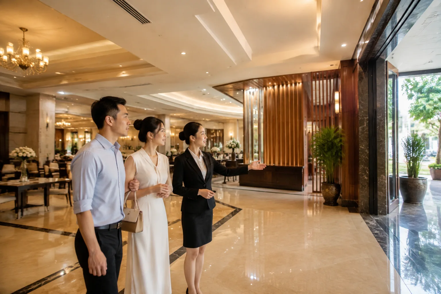 Cặp đôi Việt Nam quan sát khu vực sảnh tiệc cưới từ lối vào cùng nhân viên nhà hàng, tập trung đánh giá luồng di chuyển, vị trí đón khách và cảm nhận không gian thực tế trước khi q