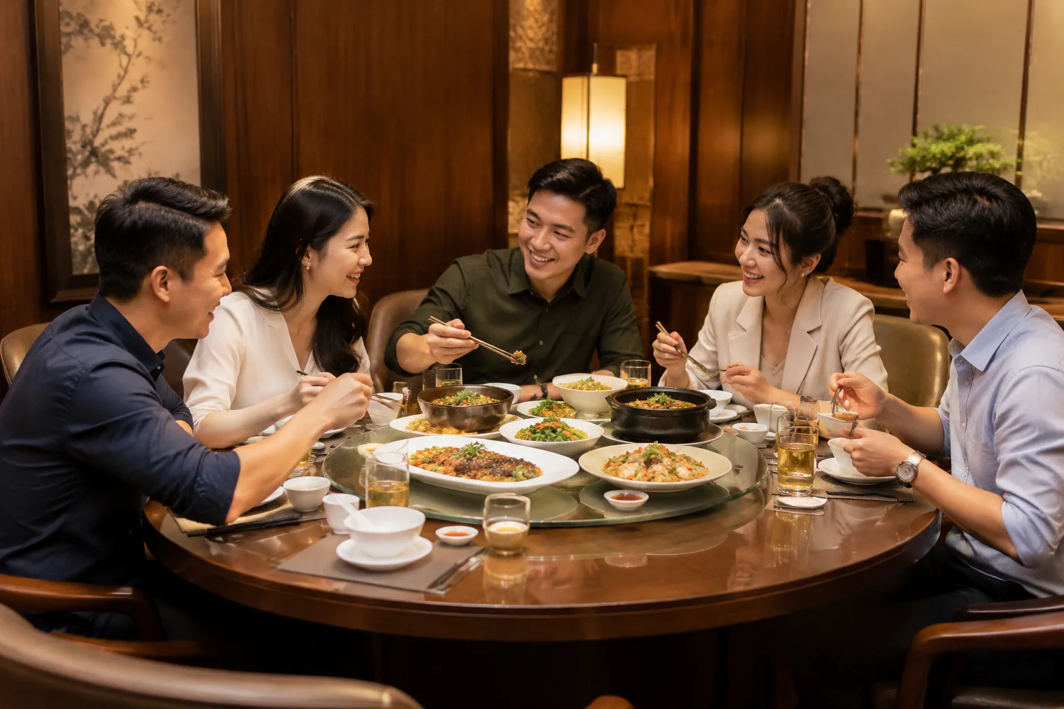 Nhóm bạn trẻ Việt Nam đang vui vẻ dùng bữa và trò chuyện trong không gian phòng VIP nhà hàng ấm cúng, thể hiện sự riêng tư và thoải mái cho các buổi tiệc nhỏ