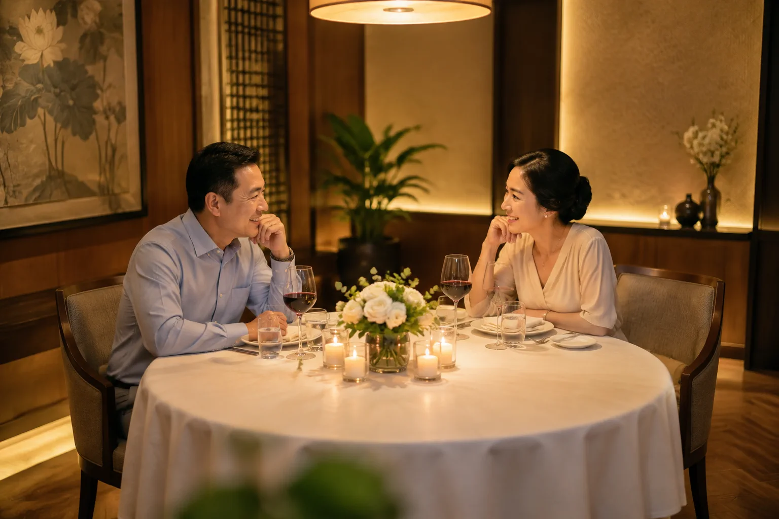 Cặp đôi Việt Nam trung niên ngồi đối diện nhau trong phòng VIP nhà hàng được thắp nến ấm áp, cùng thưởng thức bữa tối kỷ niệm ngày cưới trong không gian riêng tư, ánh mắt nhìn nhau