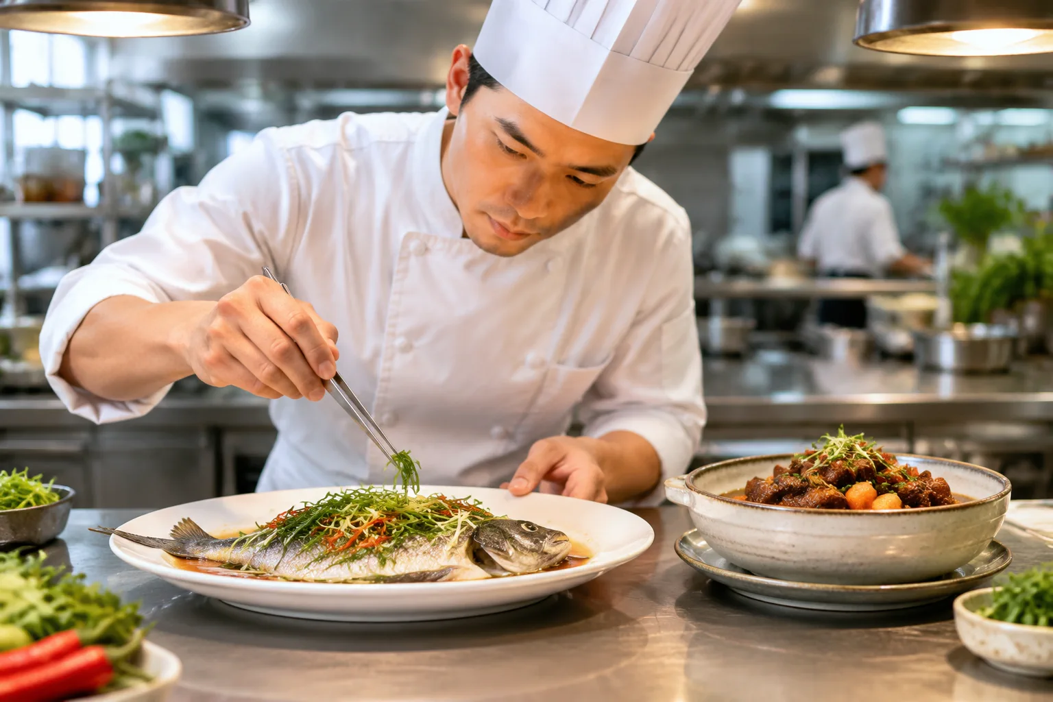 Bếp trưởng nhà hàng đang cẩn thận trang trí món cá song hấp xì dầu và bắp bò hầm trên bàn bếp chuyên nghiệp, chuẩn bị cho thực đơn tiệc cưới cao cấp.