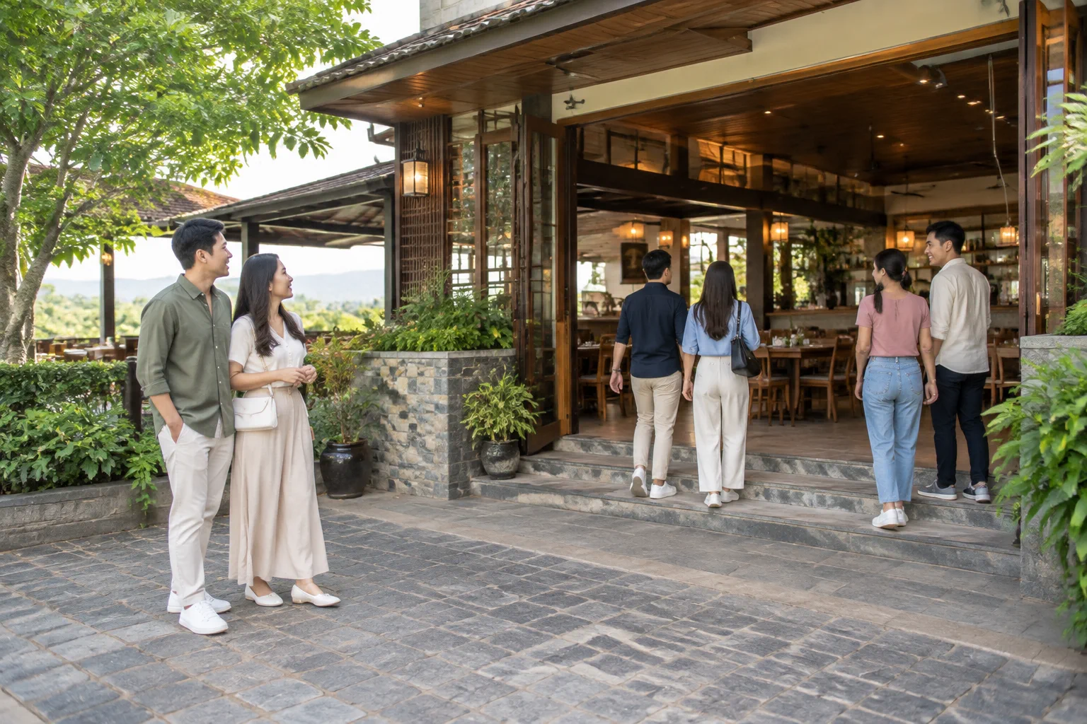 Toàn cảnh góc nhìn từ bên ngoài vào một nhà hàng Việt Nam tại Gia Nghĩa với lối ra vào thân thiện, khu vực đón khách thoáng đãng và các nhóm khách khác nhau đang tìm hiểu không gia