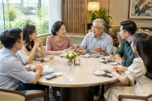 Gia đình nhiều thế hệ Việt Nam đang cùng nhau trao đổi lựa chọn món ăn tại khu vực bàn tư vấn riêng trong nhà hàng, thể hiện sự cân nhắc khẩu vị khác nhau trước khi đặt tiệc.