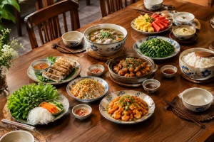 Góc nhìn từ trên cao của bàn tiệc gia đình Việt Nam đang được sắp xếp theo trình tự các nhóm món khác nhau trong không gian nhà hàng ấm cúng, tập trung vào cách bố trí tổng thể bữa